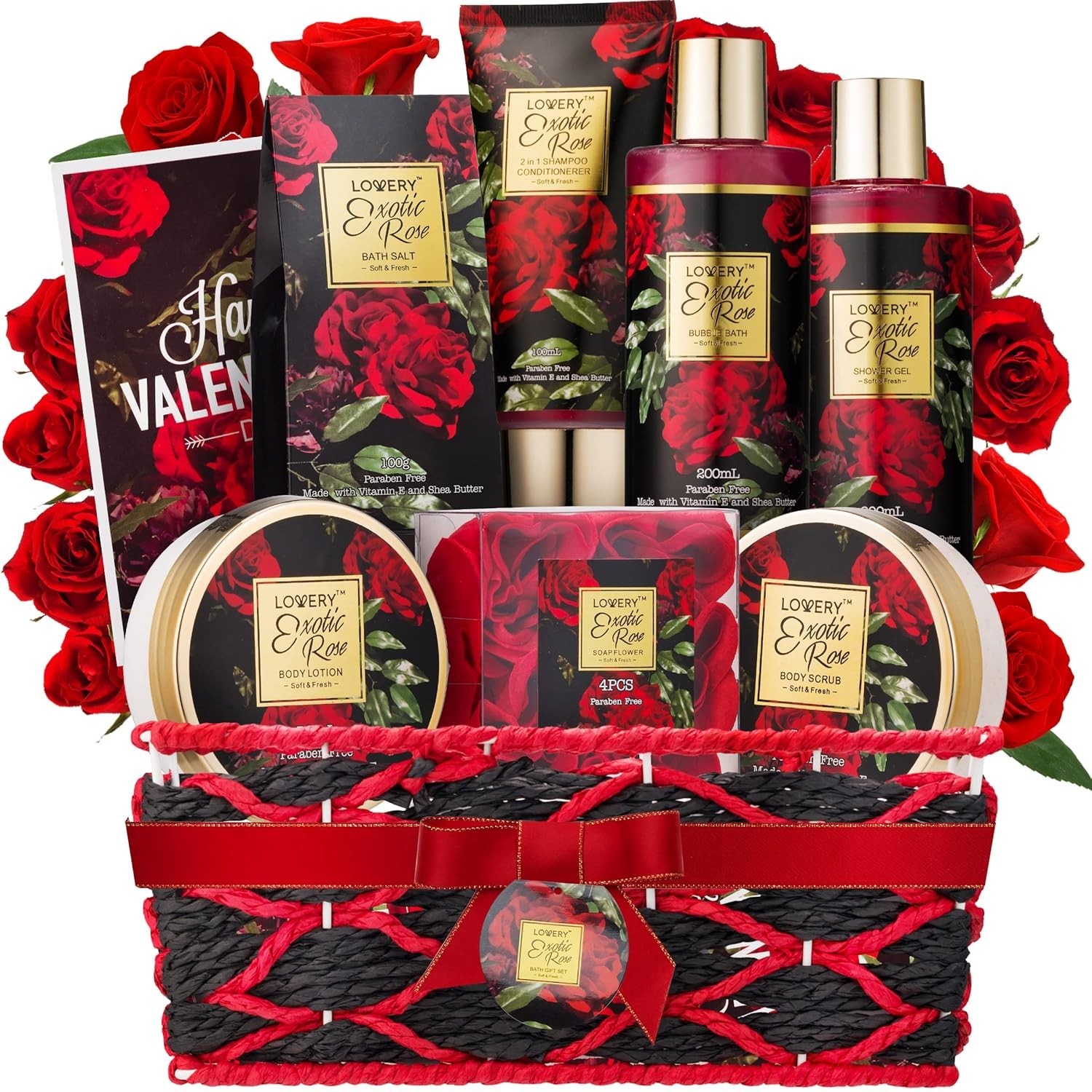 Valentine’s Day Gift Basket for Her – Exotic Rose & Spa Bath & Body Set for Wome