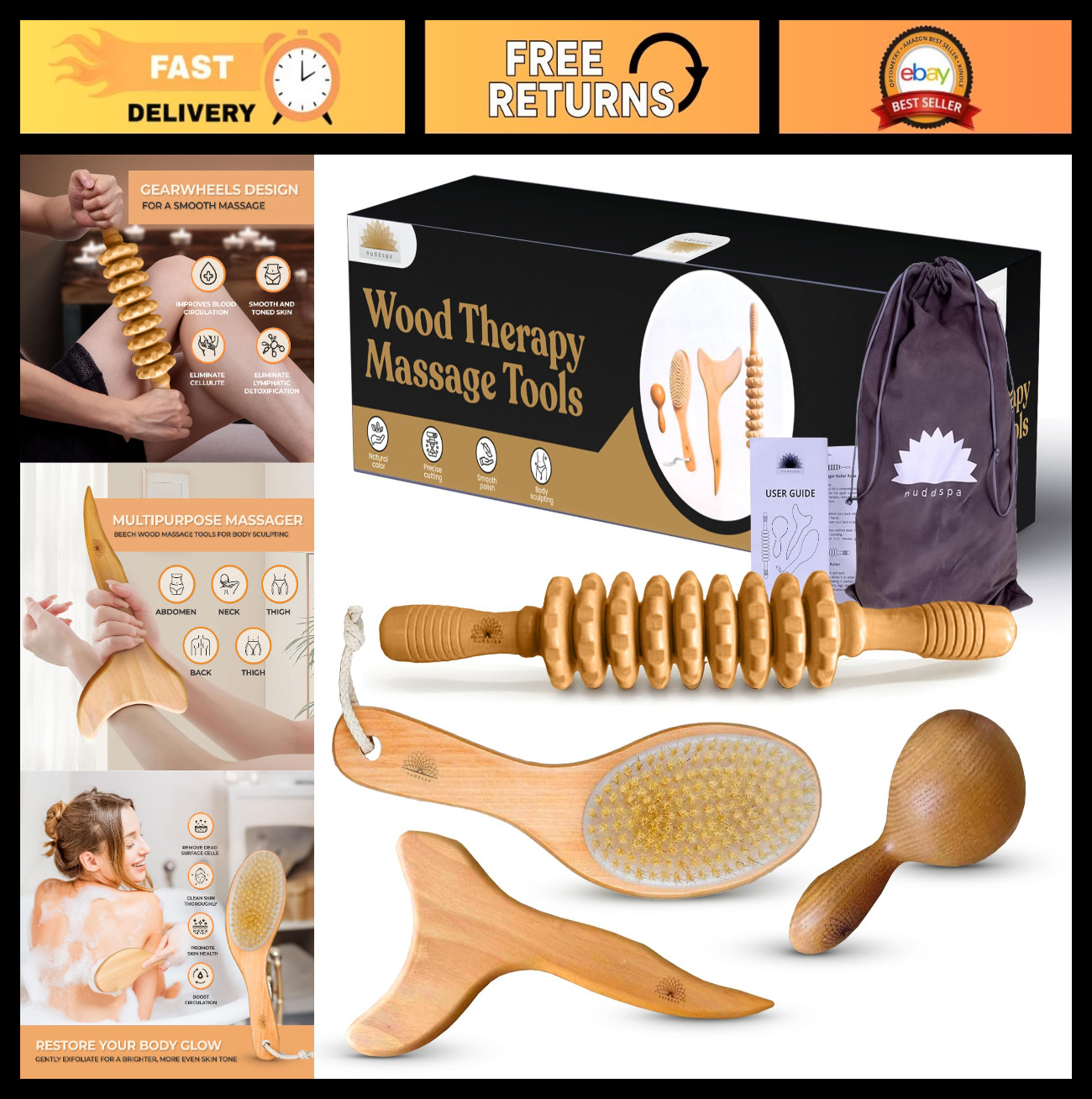4 Pcs Wood Therapy Massage Tools Set, Lymphatic Drainage & Anti-Cellulite Kit