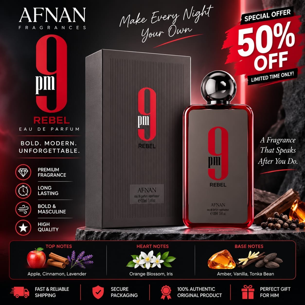 9 PM REBEL by Afnan EDP Perfume Unisex 100 ML Free Shipping
