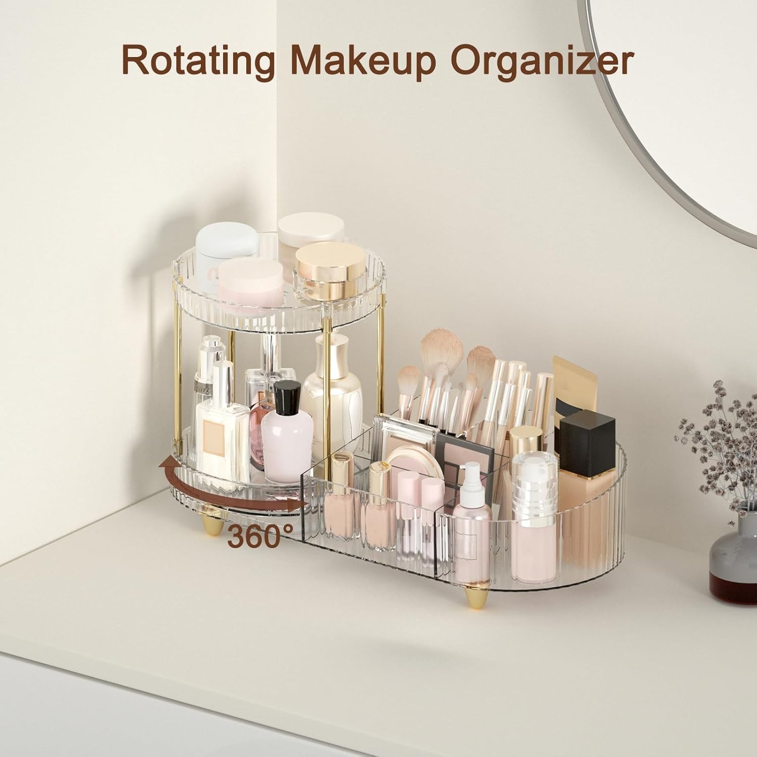 Makeup Organizer Countertop for Vanity, Rotating Perfume Tray with 5-compartment