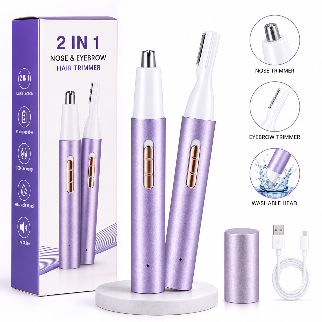 Women’s 2-in-1 Nose & Eyebrow Trimmer Rechargeable USB Precision Groomer