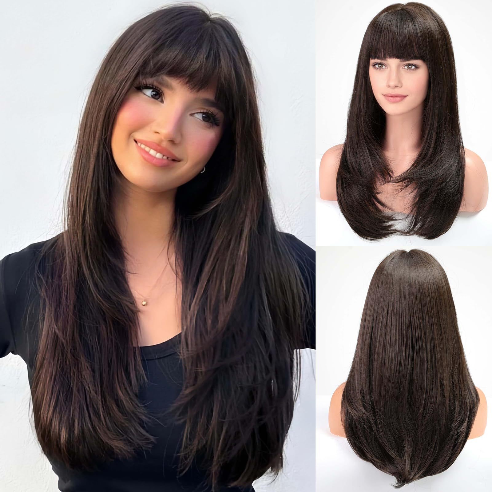 Brown Long Straight Wig with Bangs Layered Heat Resistant Synthetic Full Wig