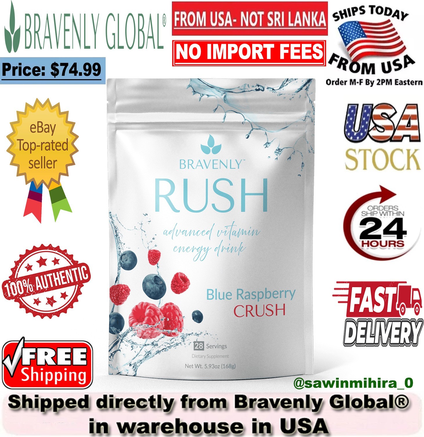 Bravenly RUSH, BLUE RASPBERRY CRUSH, Supercharged Vitamin Energy – 28 Servings🔥