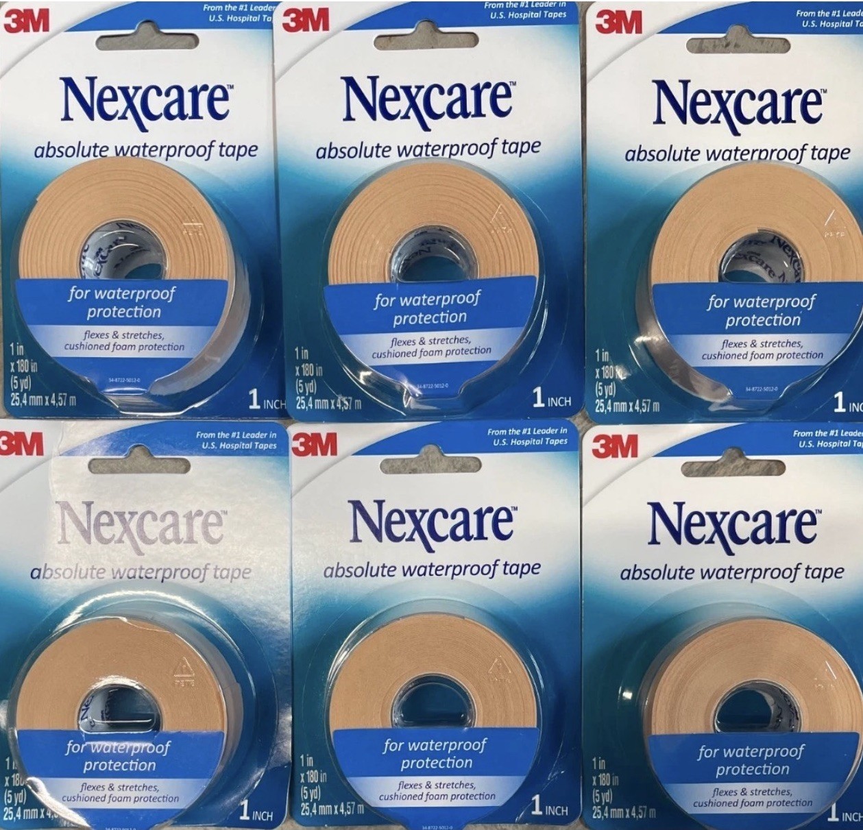 3M Nexcare First Aid Tape Absolute Waterproof Easy Tear 1 in x 5 yd, 6 Pack New