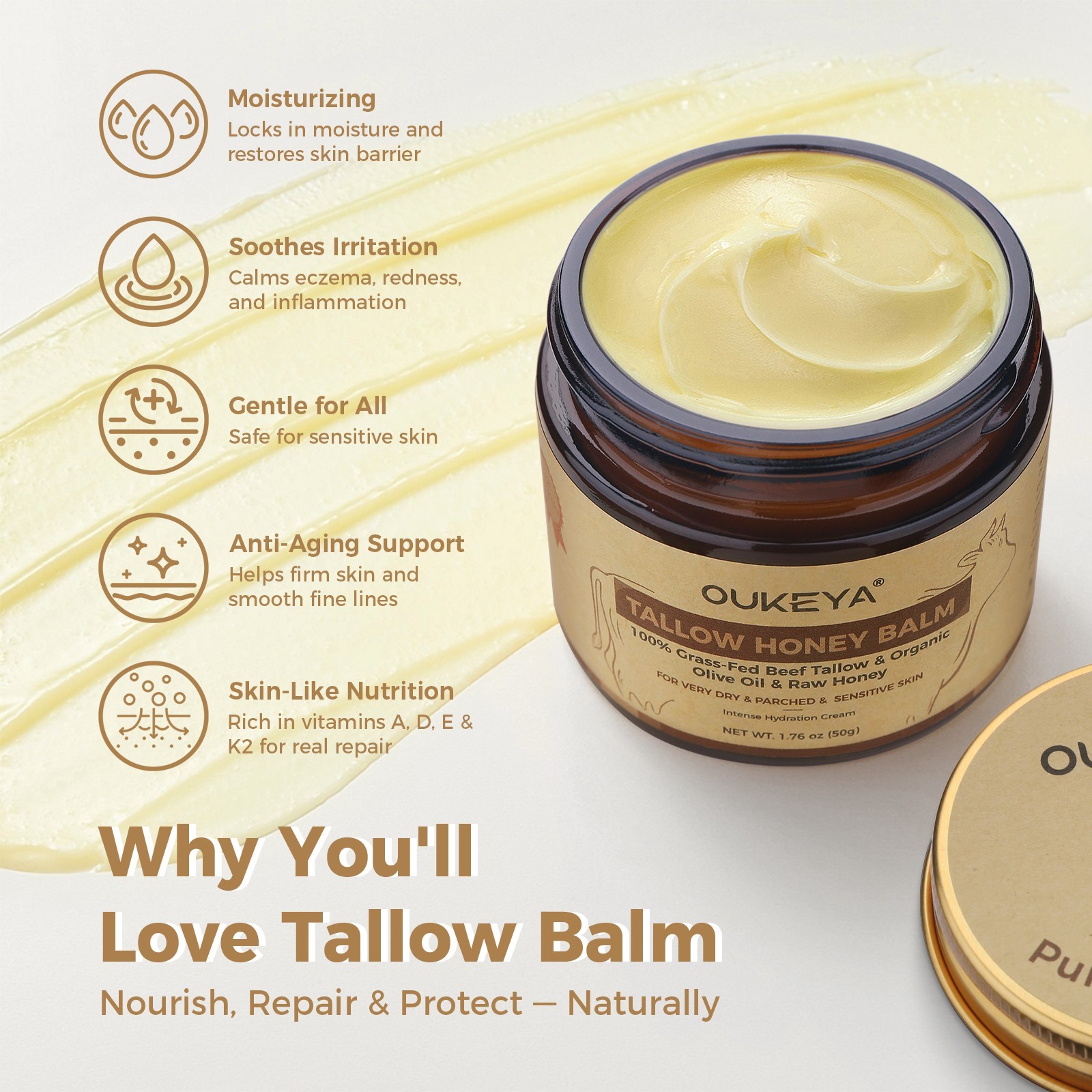 OUKEYA Organic Grass-Fed Beef Tallow Balm with Raw Honey Skin Moisturizer 50g