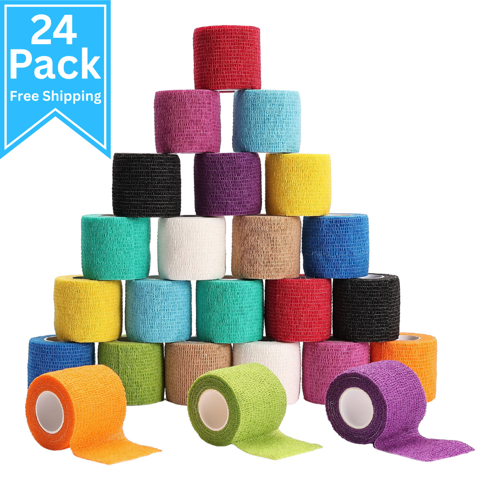 24 Count Self Adhesive Bandage Wrap 2″ x 5 Yards (15 feet) Tape Multicolor