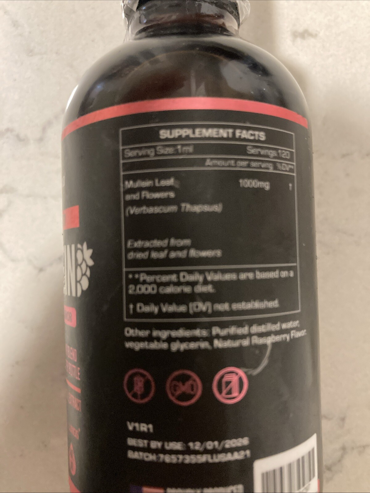 HERBIFY Mullein Drops Lung Cleanse Leaf Extract 4 Fl Oz Raspberry Flavored