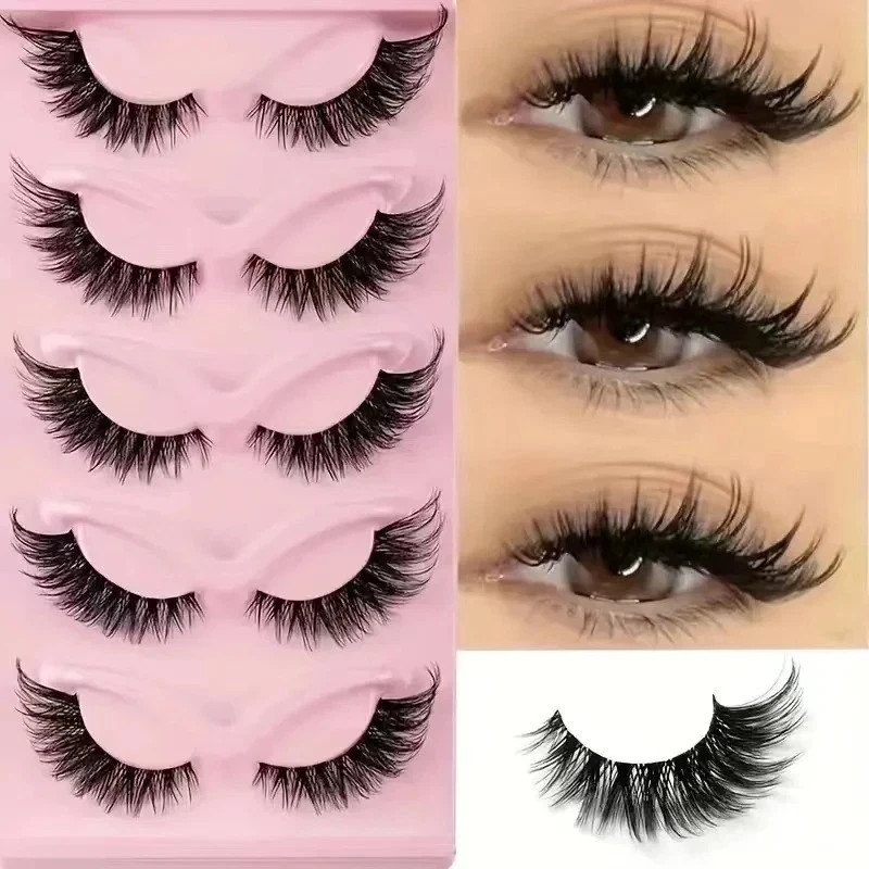 5-Pair Faux Mink Cat-Eye False Lashes – Elongated Wispy Makeup Set, Hot Selling