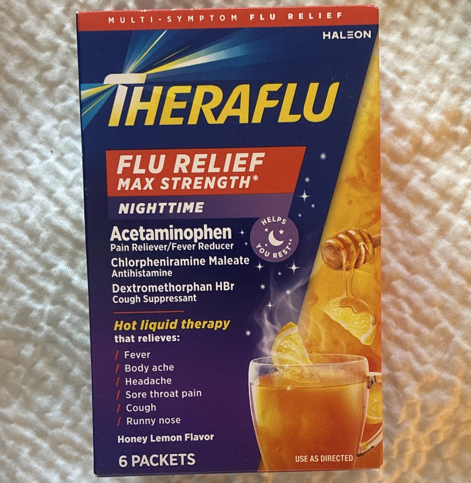 Theraflu Flu Relief Max Strength Nighttime Powder Honey Lemon 6 Packets