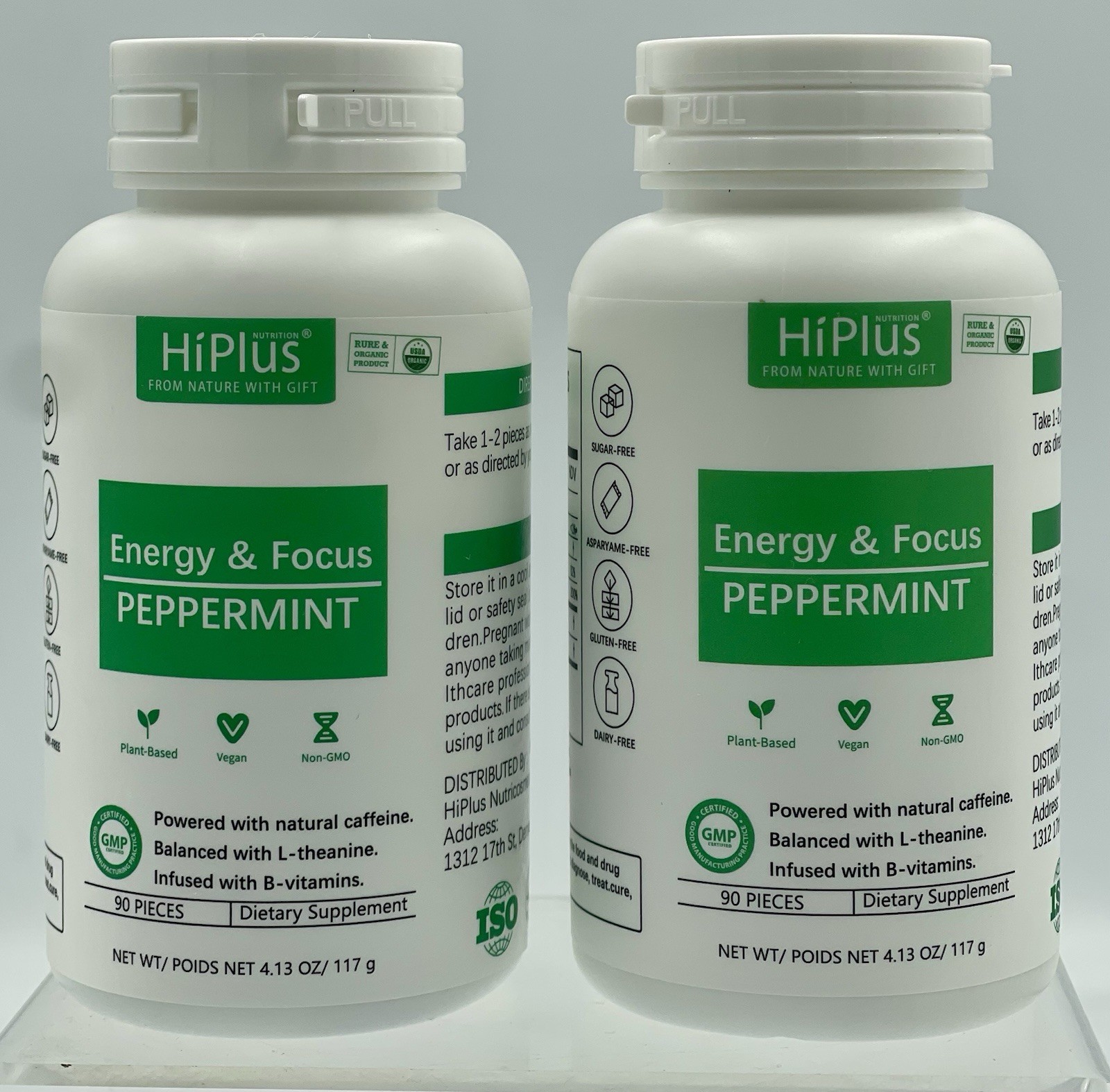 Lot of 2 HiPlus Energy Focus Peppermint Chewables 90pc EXP 01/27 L-Theanine