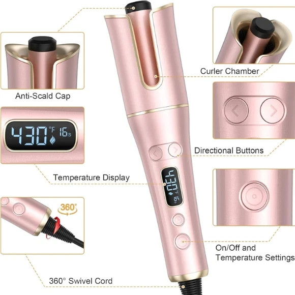 utomatic Hair Curler LCD 1″ Rotating Barrel 4 Heat Settings Dual Voltage Wand