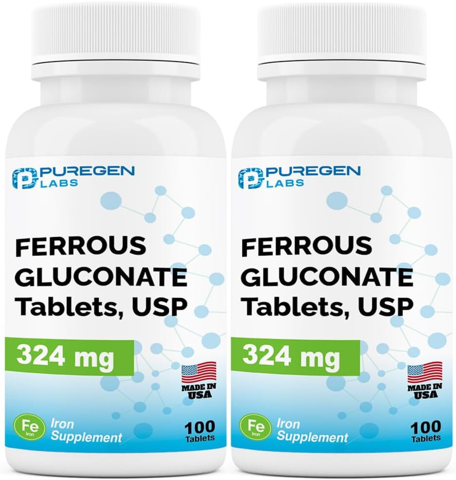 Puregen Ferrous Gluconate 324 mg [High Potency] Iron Supplement 100 tabs 2 Pack
