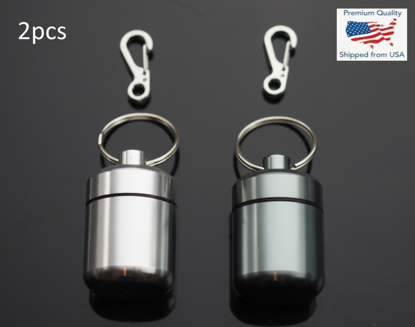 2 PCS Waterproof 1″ Wide Pill Capsule Bottle Keychain & Clip Silver & Gun Gray