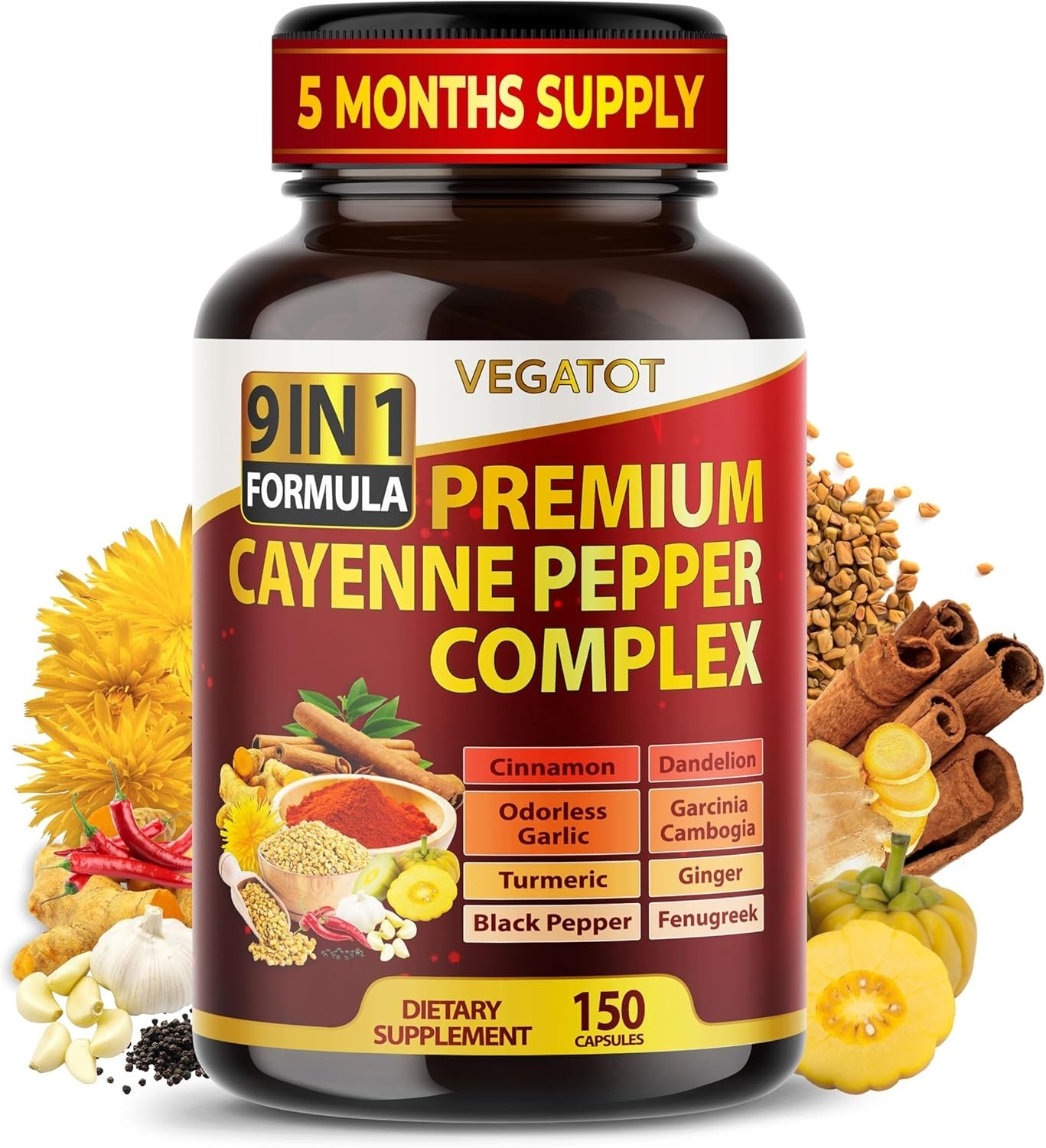 Organic Cayenne Pepper 9IN1 Complex 12,900Mg with Cinnamon, Ginger, Turmeric USA