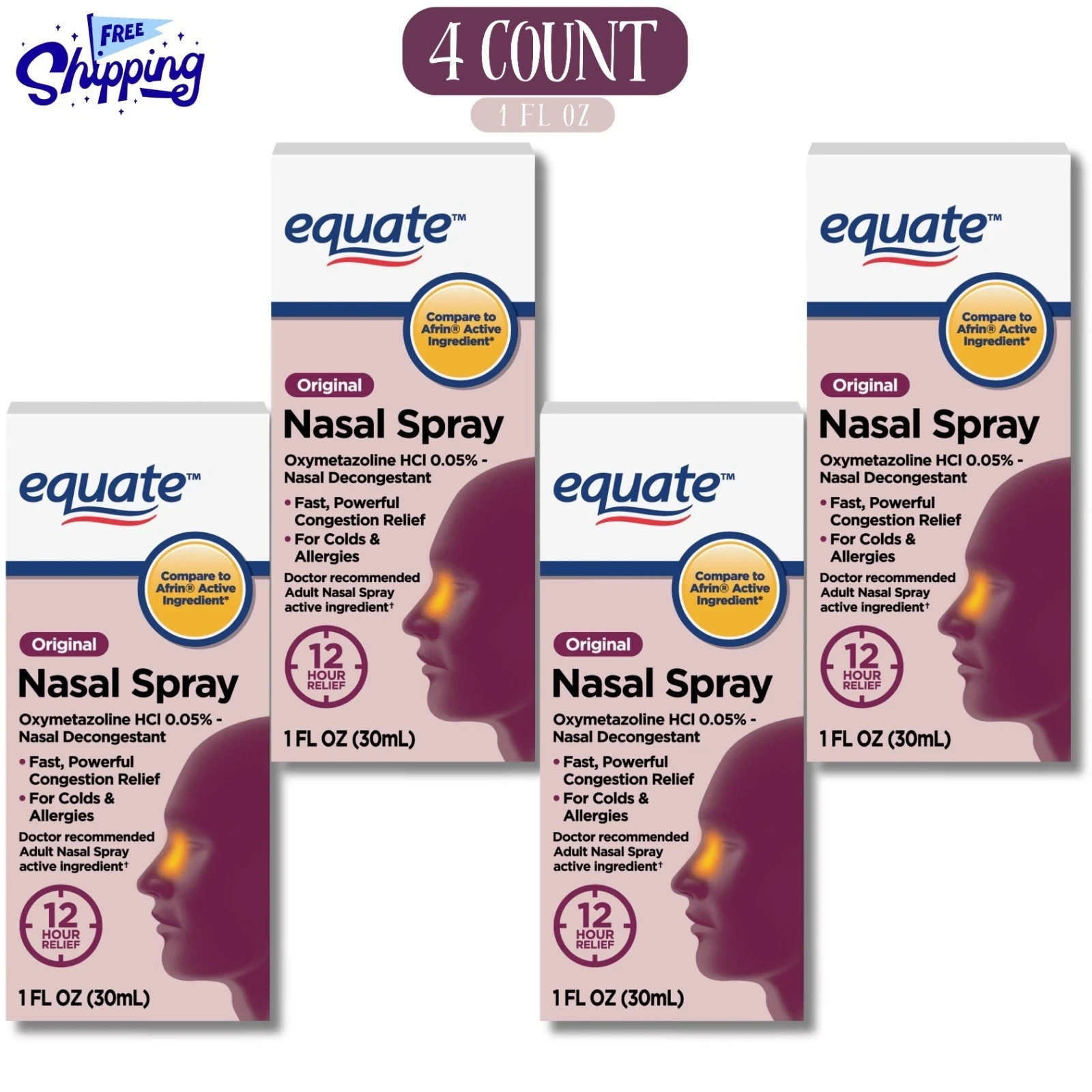 (4 pack) Equate Original 12 Hour Nasal Spray, Max Strength, 1 Fluid Ounce