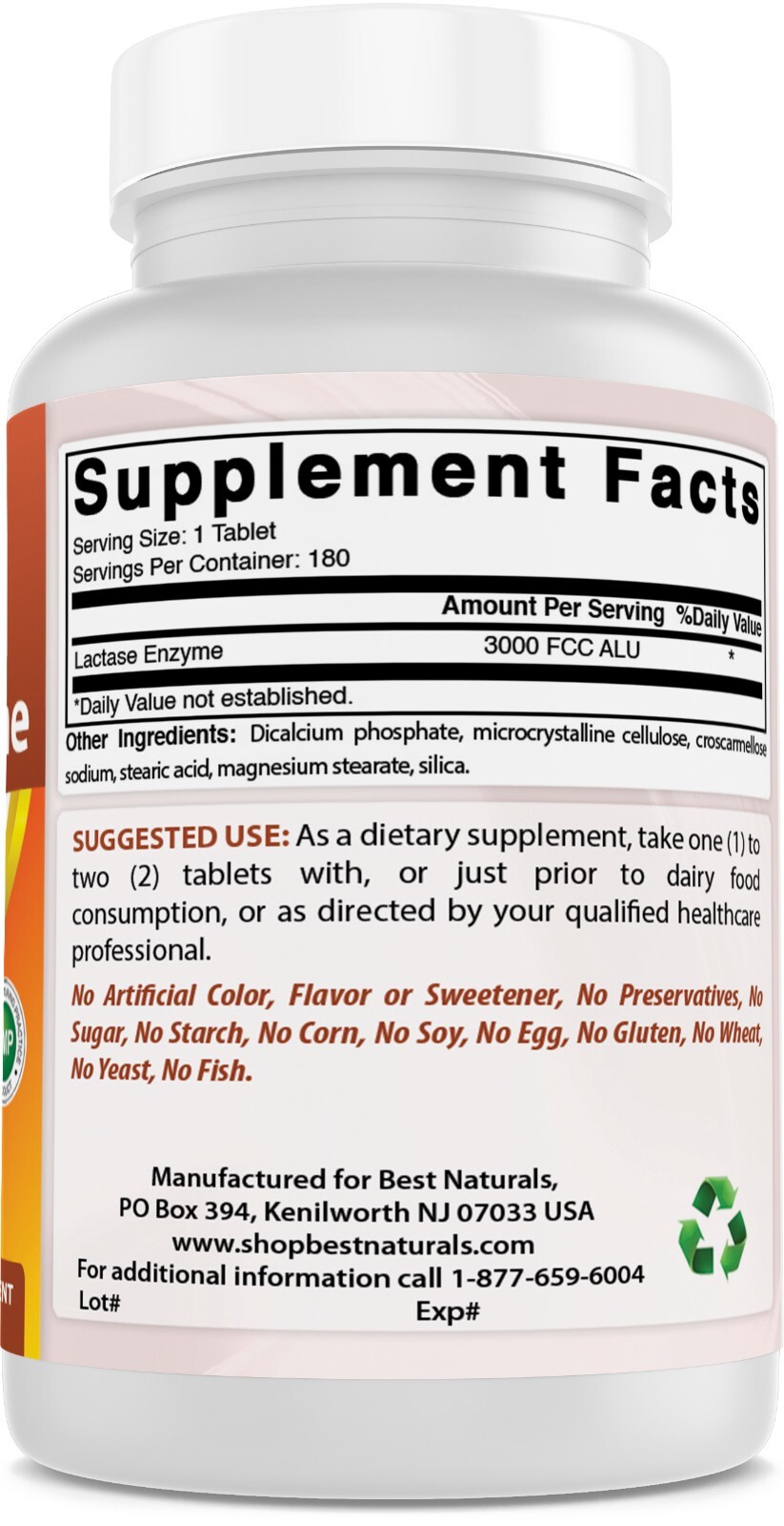 Fast Acting Lactase Enzyme Tablet, 3000 Fcc Alu, 180 Count
