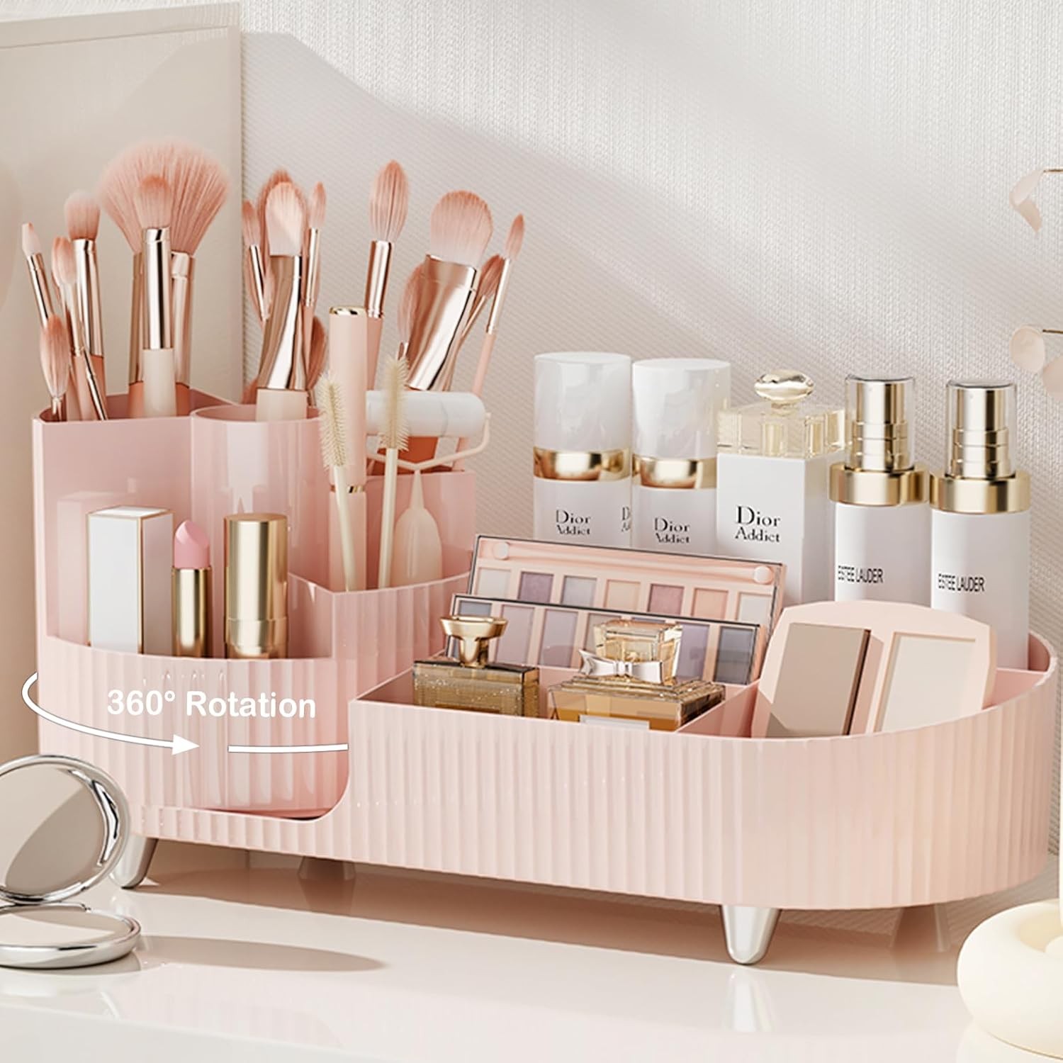 Pink Rotating Vanity Organizer with Brush Holder – Large Spinning Cosmetic