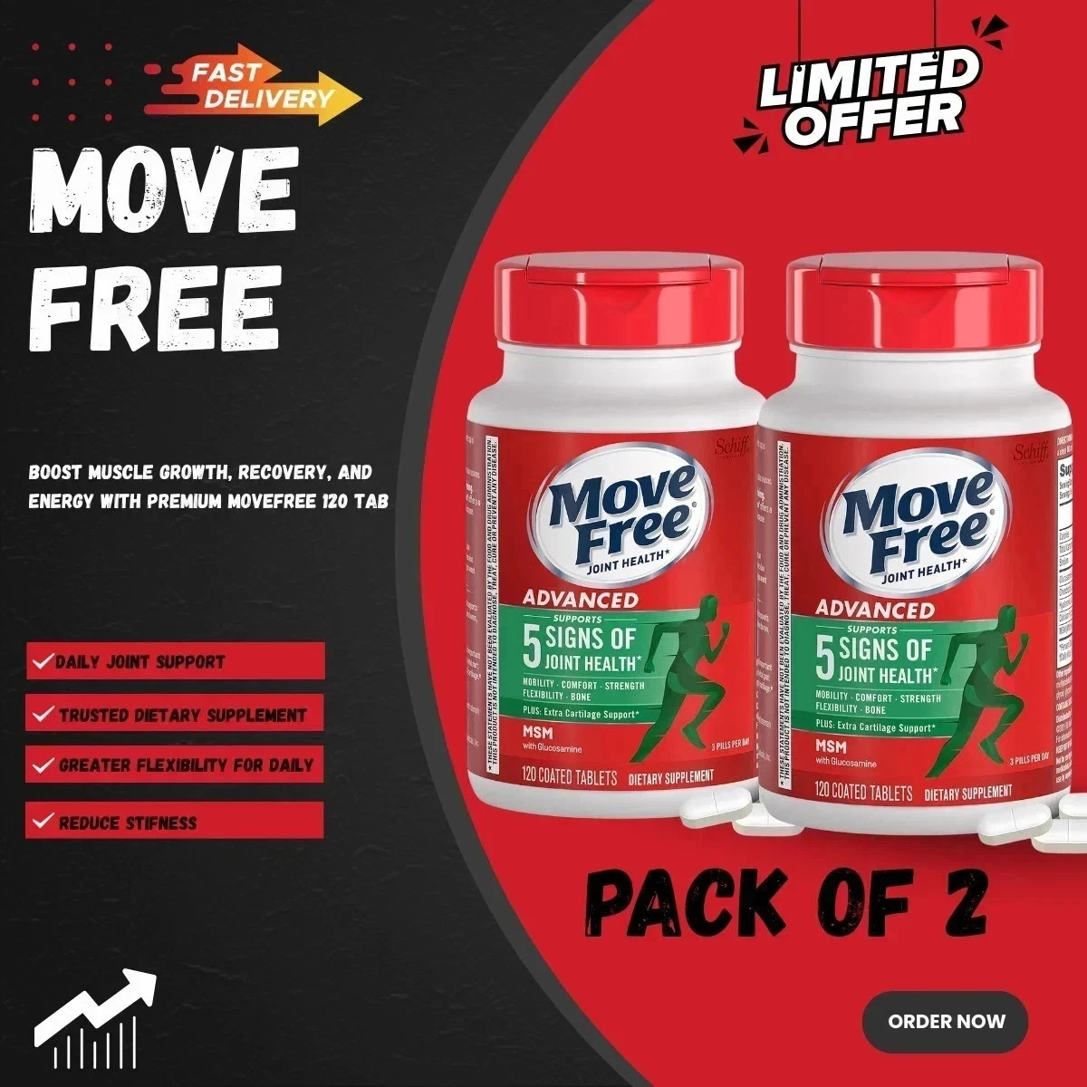 Move Free Advanced Plus MSM Joint Health Supplement 2 Pack (per pack 120Tablets)