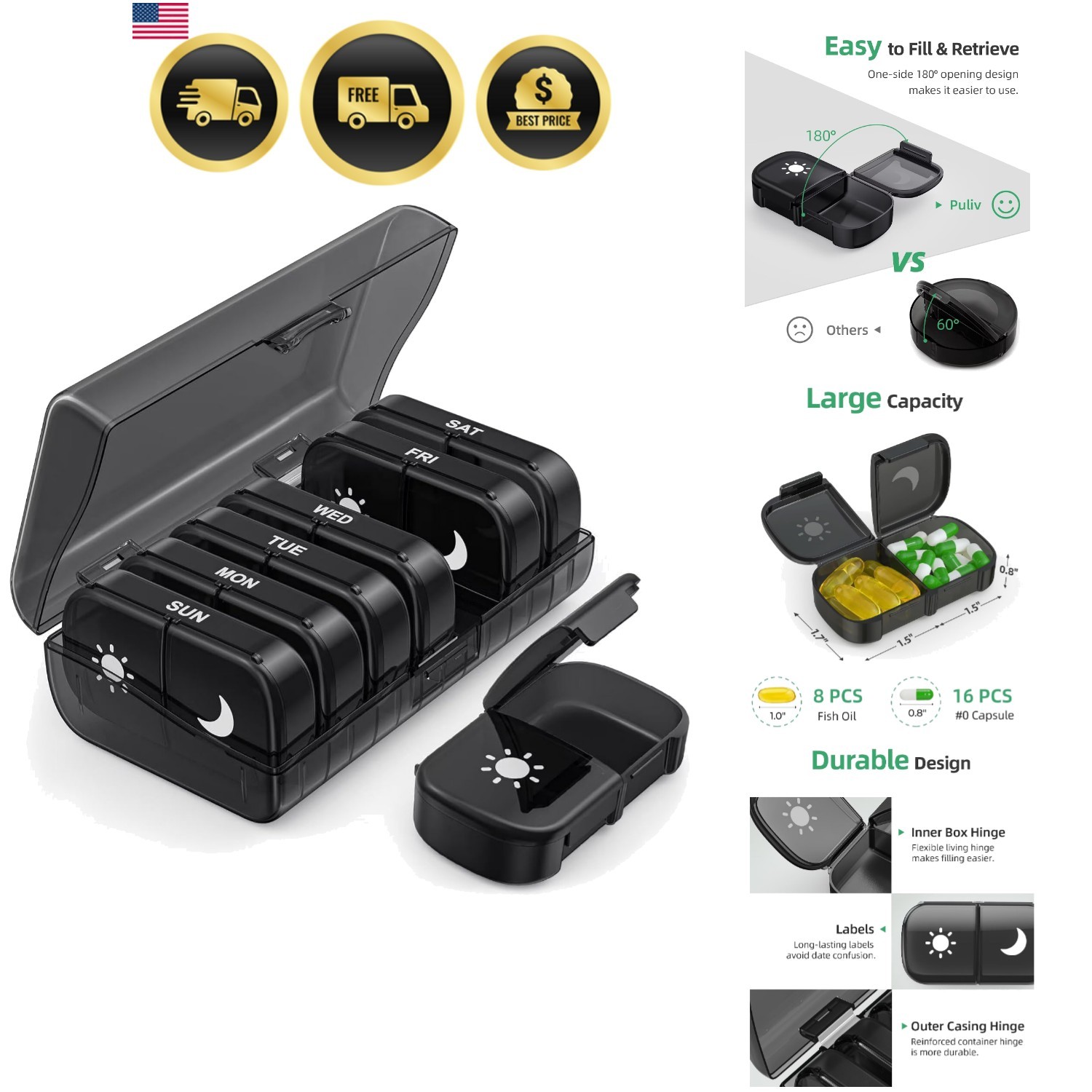 PULIV Extra Large Weekly Pill Organizer 2 Times a Day, One-Side Open Pill Box 7