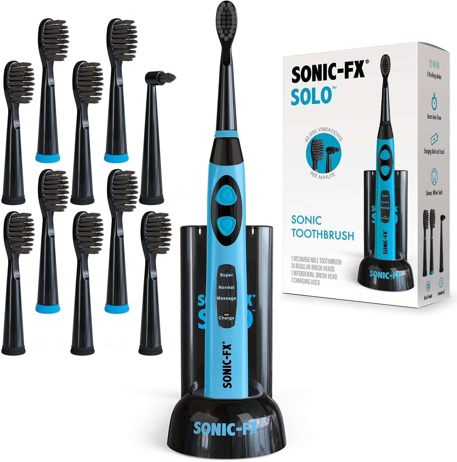 Solo Electric Toothbrush Rechargeable 10 Brush Heads Interdental Charcoal Blue