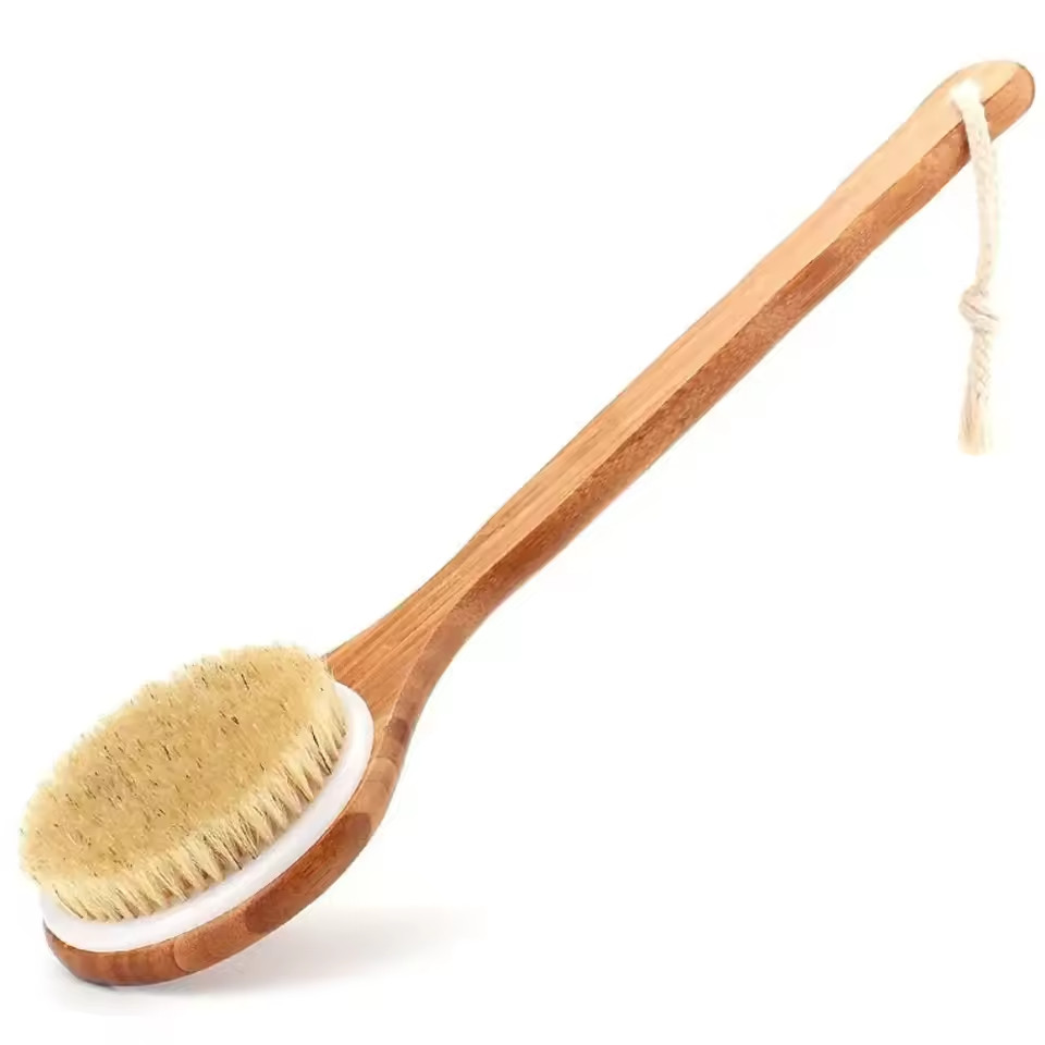 Natural Bristle Body Brush Wooden Dry Brush Shower Exfoliator Back Scrubber Tool