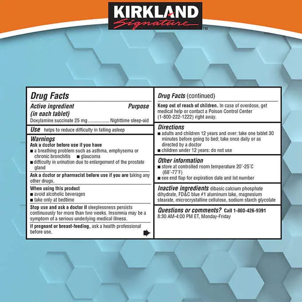 Kirkland Sleep Aid Doxylamine Succinate 25 Mg 96 tablets EXP: 4/26