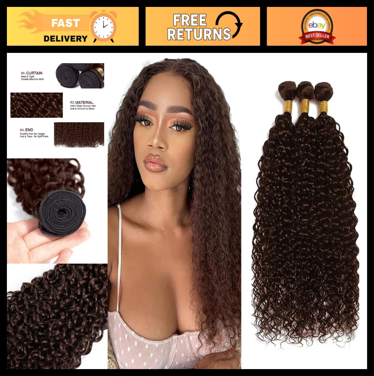 Kinky Curly Human Hair Extensions 3 Bundles Chocolate Brown 22″ 24″ 26″ 10A