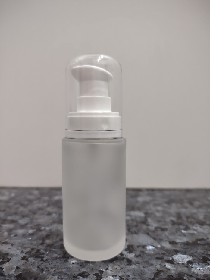 1oz Empty Frosted Glass Bottle With White Pump and Clear Overcap. Made In France