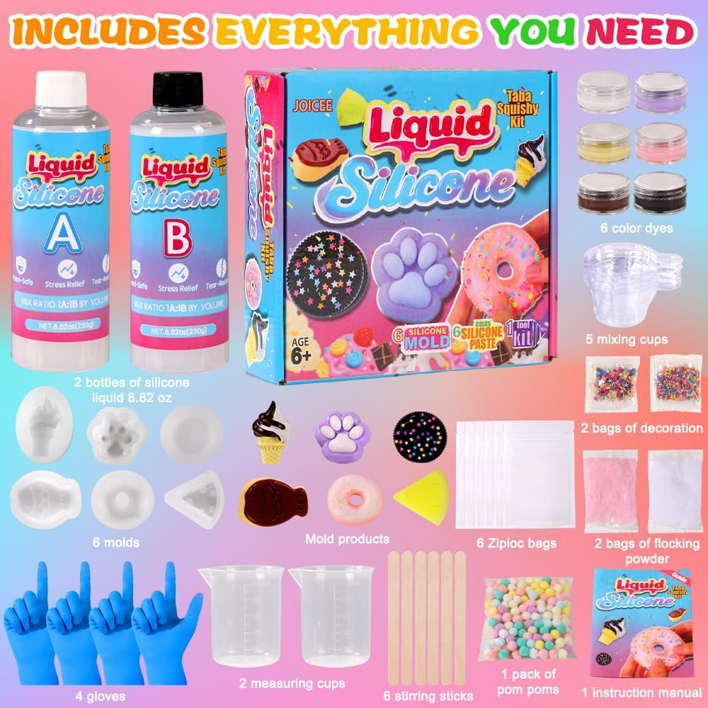 Taba Squishy Kit, DIY Squishy Making Kit 18OZ 1:1 AB Liquid Silicone with 6 Mold