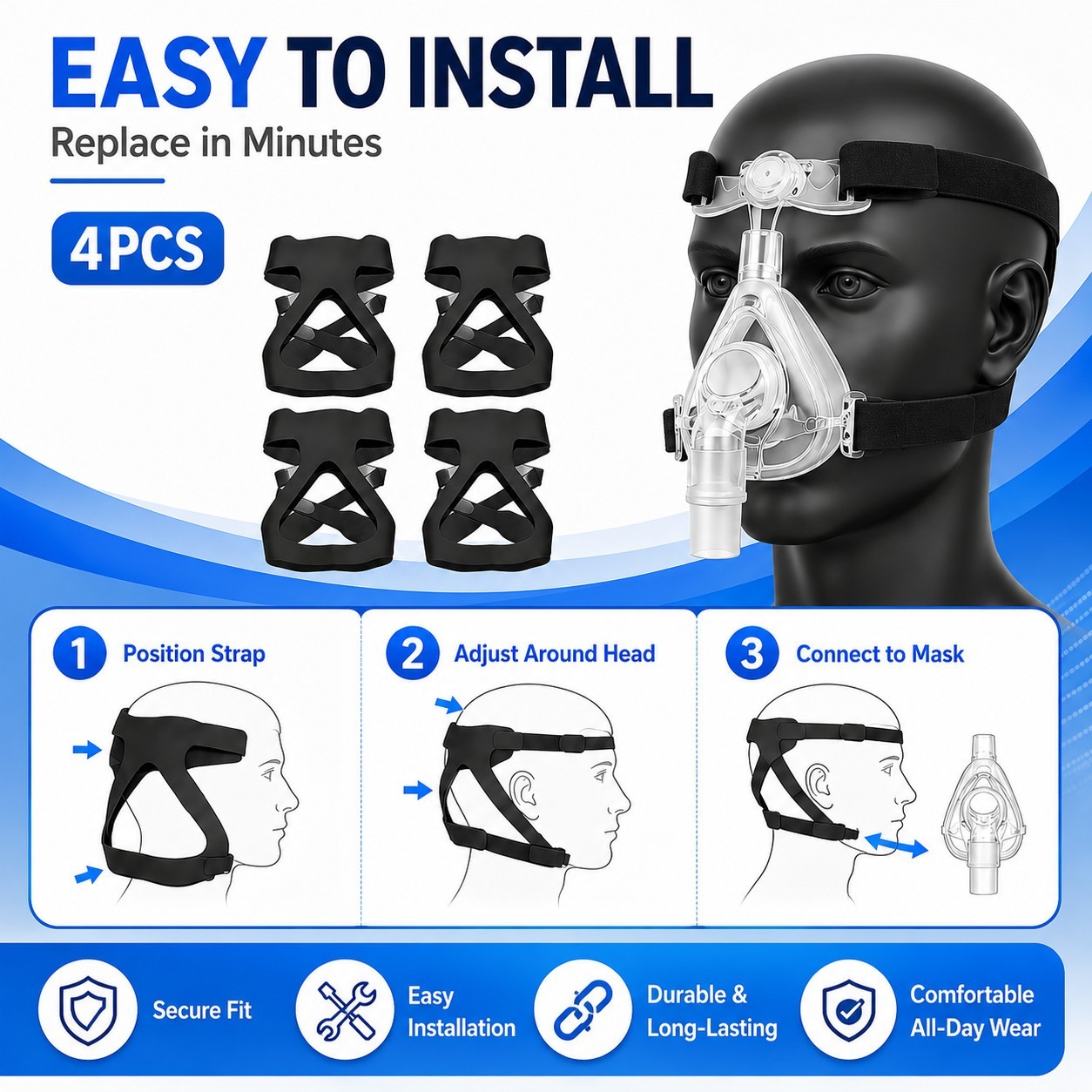 4PCS CPAP Mask Headgear Straps Replacement Adjustable Full Face Nasal Mask Parts
