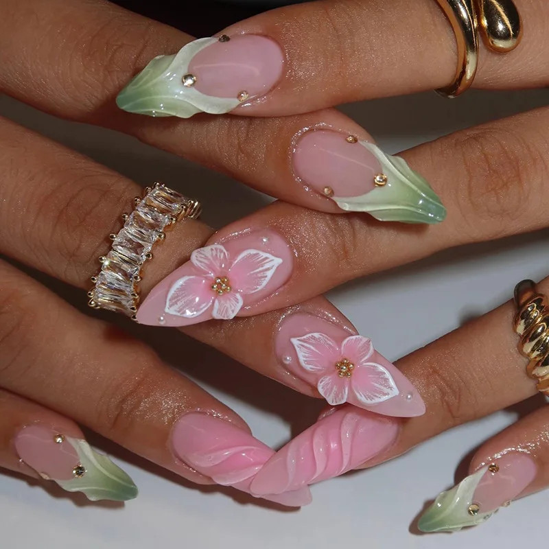 24Pcs Mid-Length Gilded Almond Nails Set Press on 3D Flower Gradient Pink Full C