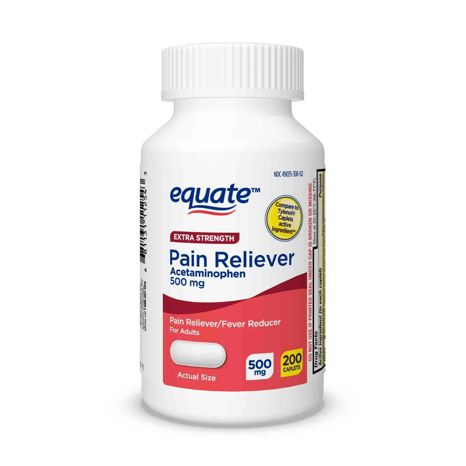 “200 Count Pack of Equate Extra Strength Acetaminophen Tablets, 500mg