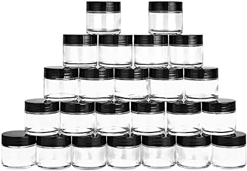 24 Pack 2 Oz round Clear Glass Cosmetic Jars with Inner Liners and Black Lids, T