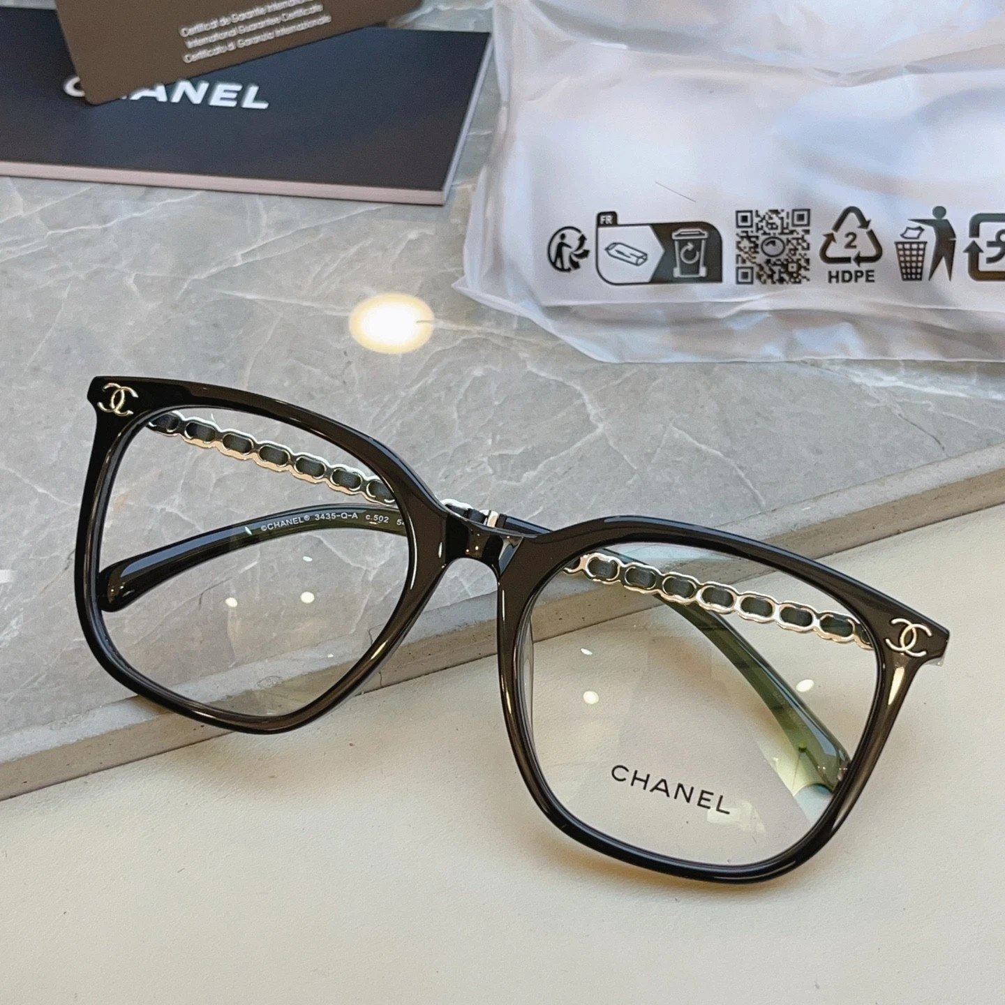 Chanel 3435 black rectangular frame transparent lenses 54 20-140 women’s glasses