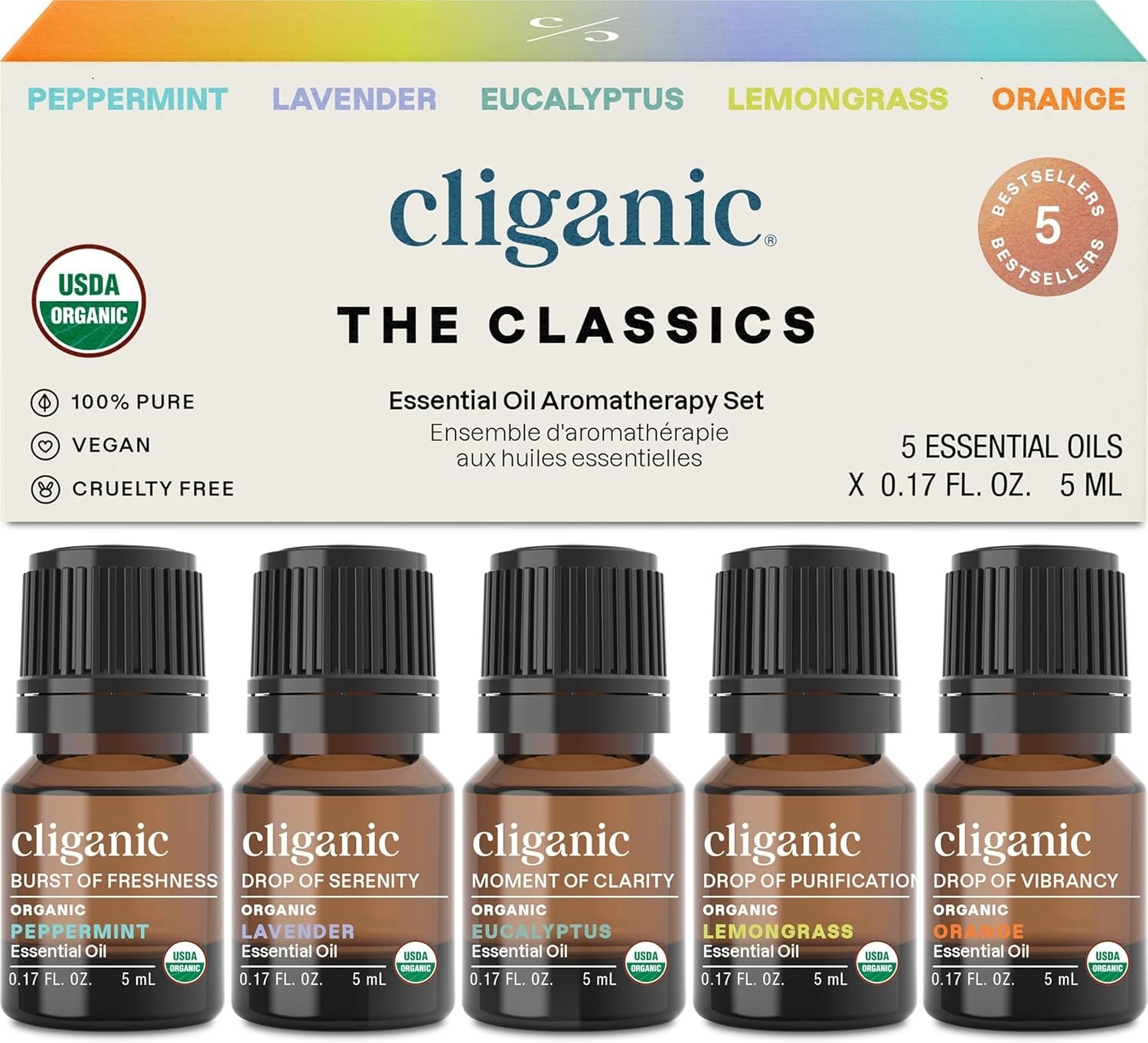 Organic Essential Oils Set (Top 5-The Classics) 100% Pure Natural -Aromatherapy