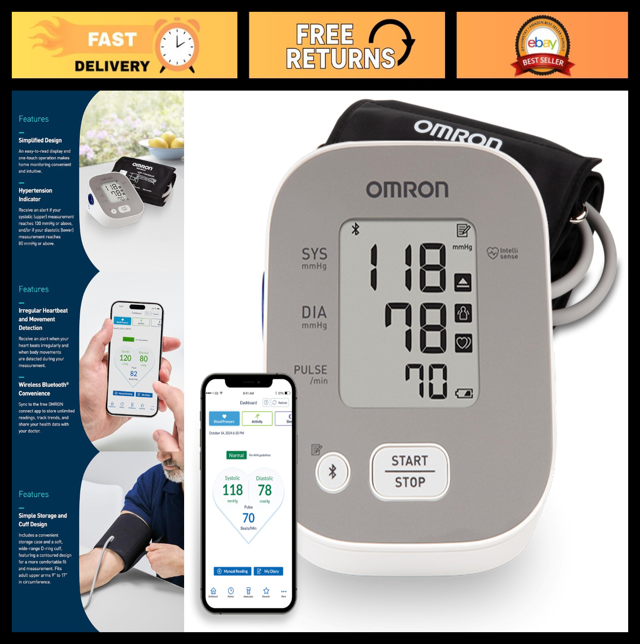 Upper Arm Blood Pressure Monitor – Clinically Validated, Home Use, Connect App,