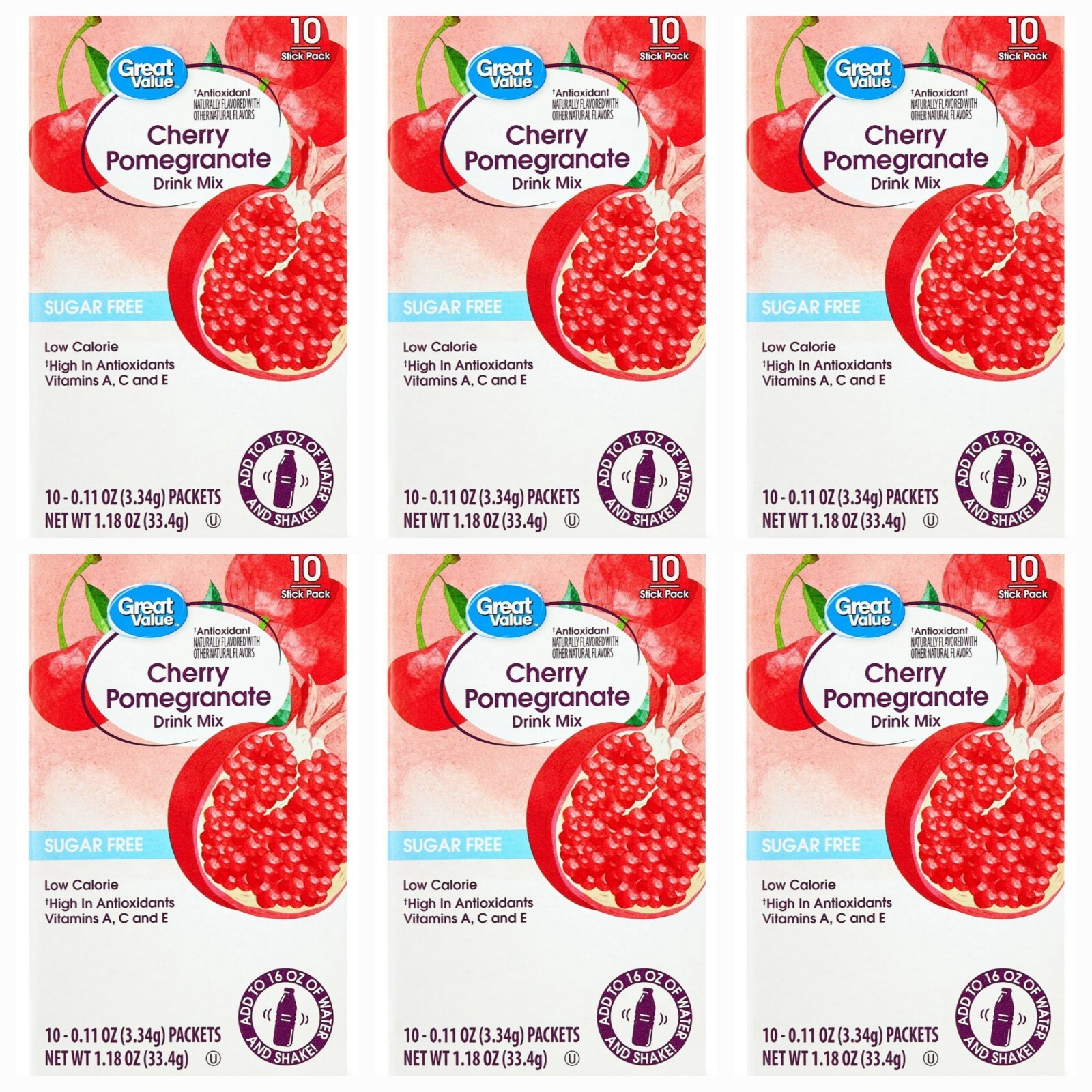 6 Pack Great Value Antioxidant Cherry Pomegranate Drink Mix 60 Packet Sugar-Free