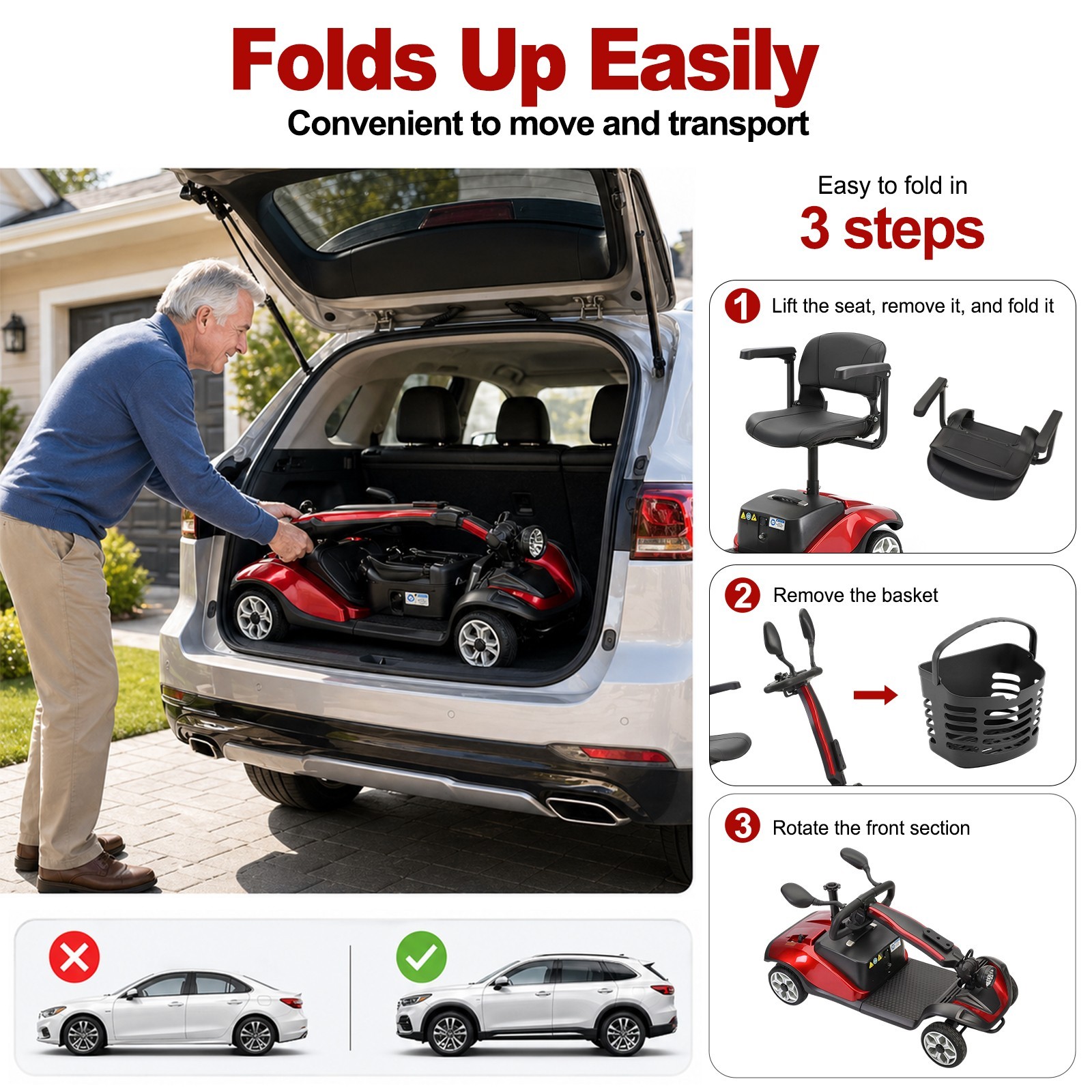 4.85mph Mobility Scooter Foldable 4-Wheel Scooter Seniors Adults 15 Mile