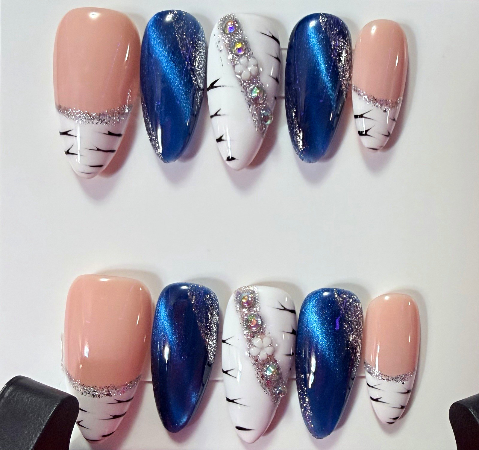 Blue/Nude/White/Silver Glitter Abstract Coffin Press-On Nails, Long Acrylic