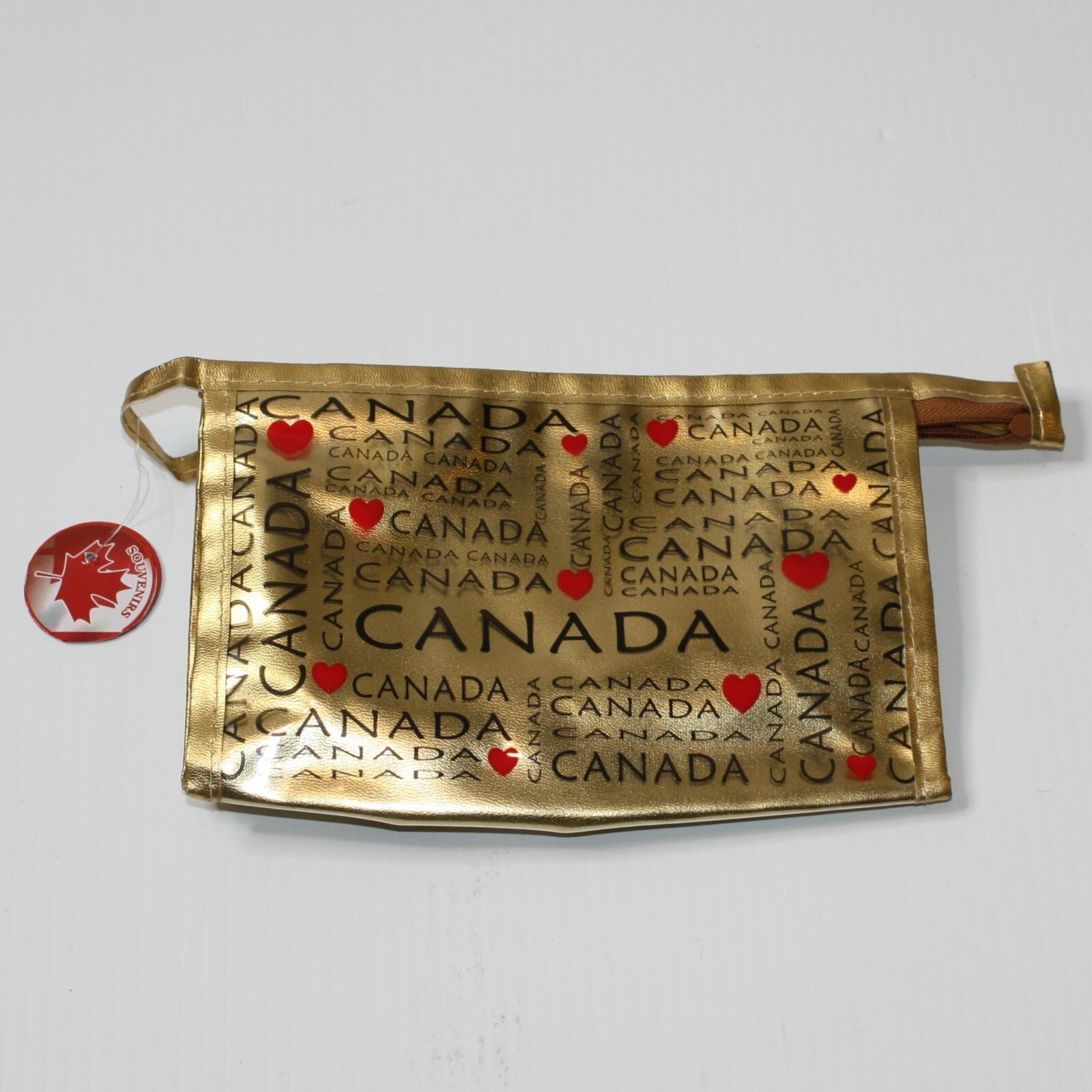 Canada Heart Print Gold Metallic Souvenir Makeup Bag Cosmetic Case New with Tag