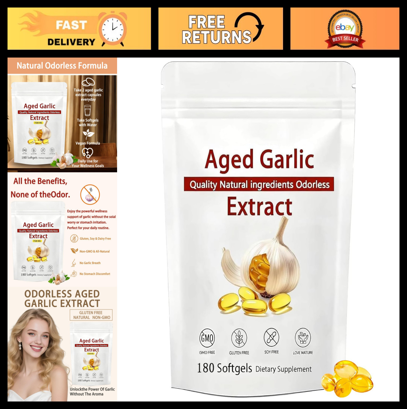 Aged Garlic Extract 7500mg Odorless, Non-GMO, Immune Support – 180 Softgels