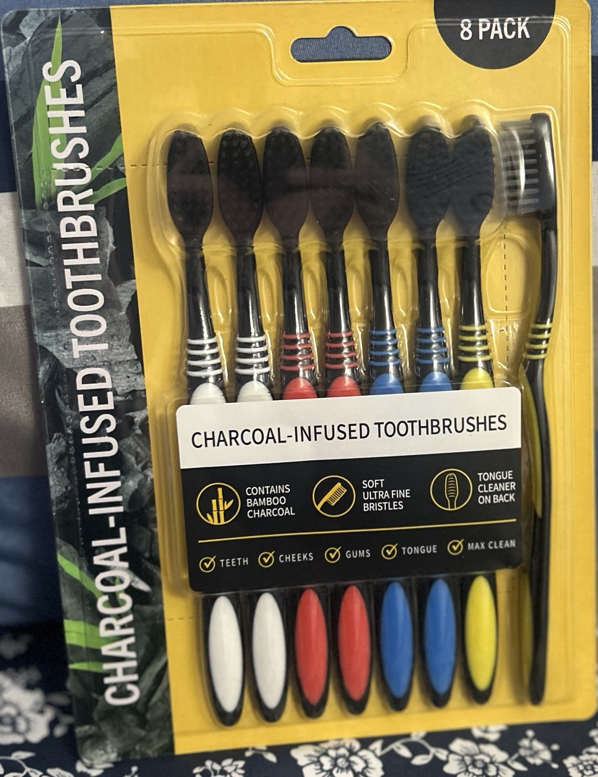 Charcoal Infused Toothbrushes Soft Bristles 1 Pack of 8 Tongue Cleaner On Back
