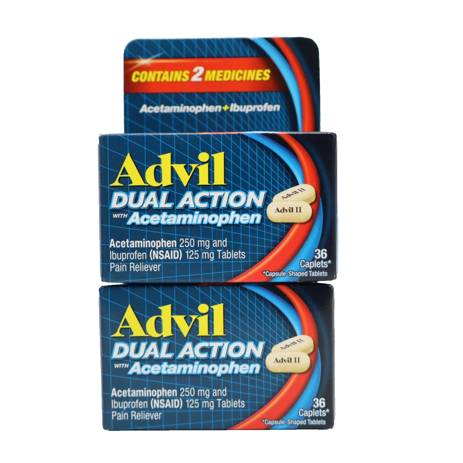 2 PACK Advil Dual Action Coated Caplets with Acetaminophen, 36 ct EXP 02/2026