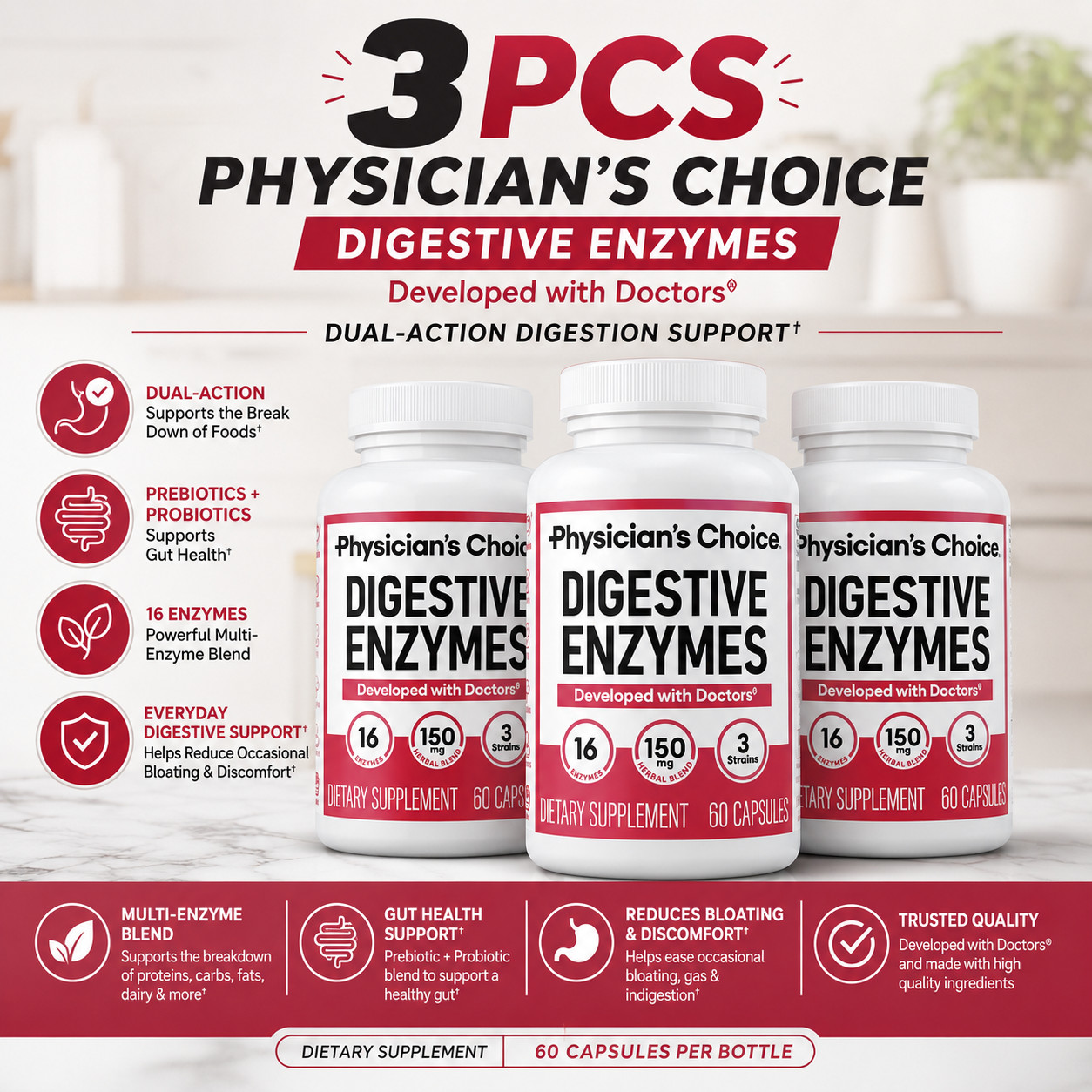Digestive Enzymes by Physician’s CHOICE Multi Enzymes & Organic Prebiotics 60 CT