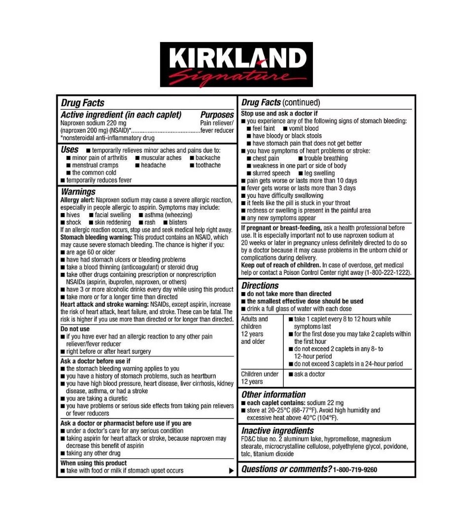 Kirkland Signature Naproxen Sodium 220mg Pain & Fever Reducer 400 Caplets NSAID