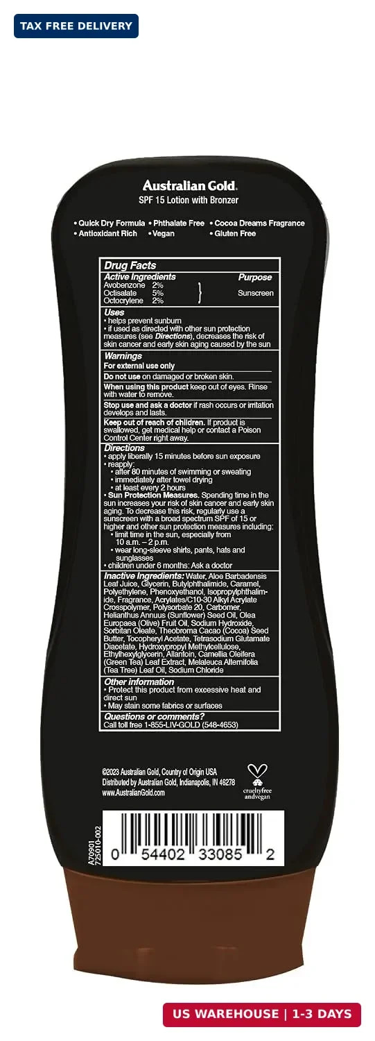 Australian Gold SPF 15 Lotion Bronzer, Twin Pack, 8 FL Oz (Pack of 2)