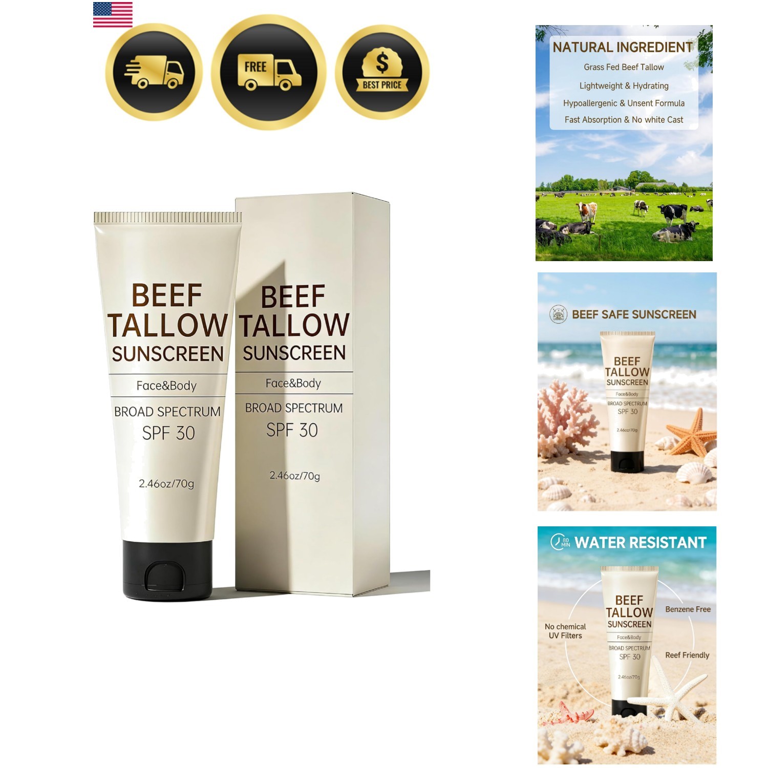 Tallow Sunscreen, Sunscreen for Face, Natural Reef Safe Face Body Beef Tallow…