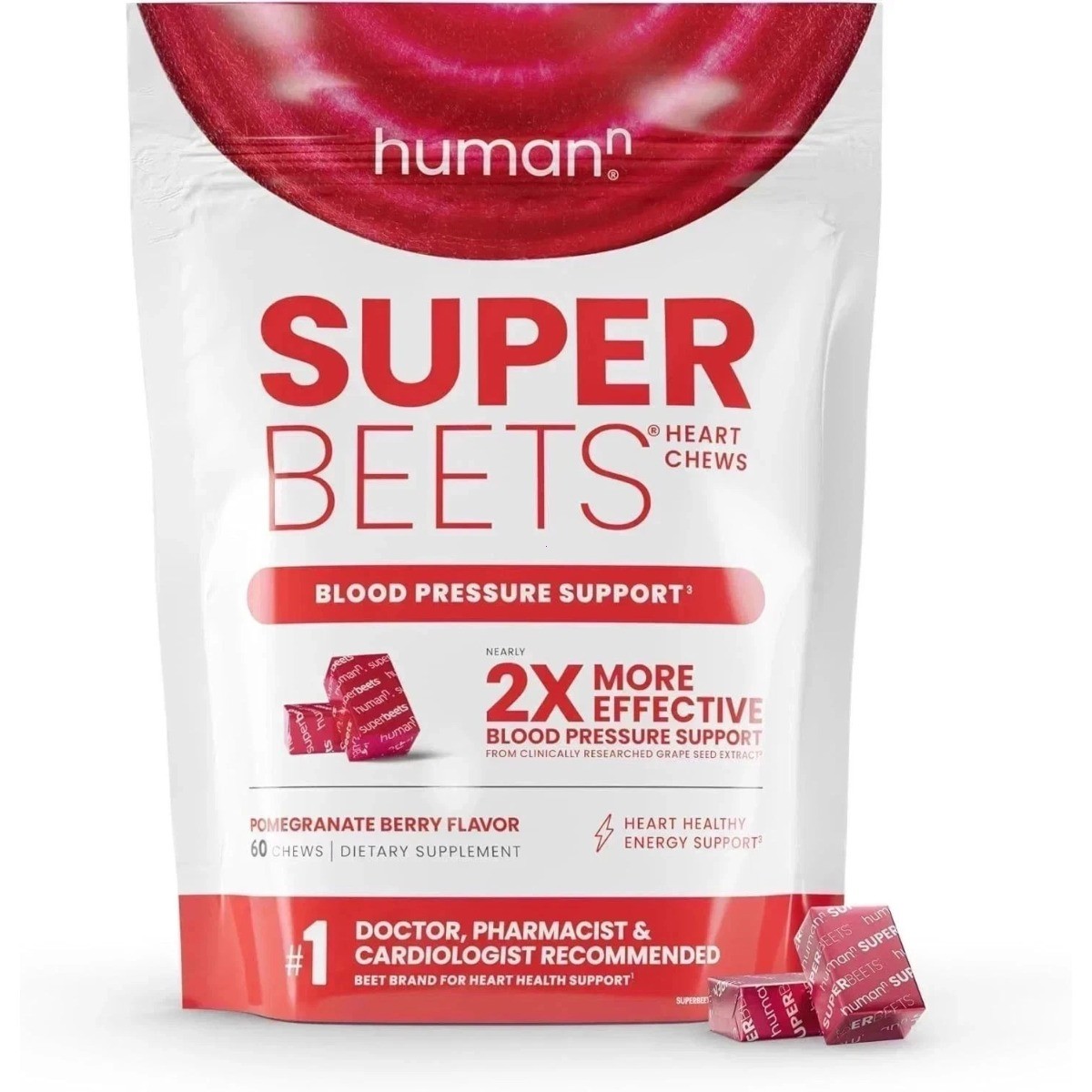 HumanN Super Beets Heart Chews –Pomegranate, 60 Count for Blood Pressure Support