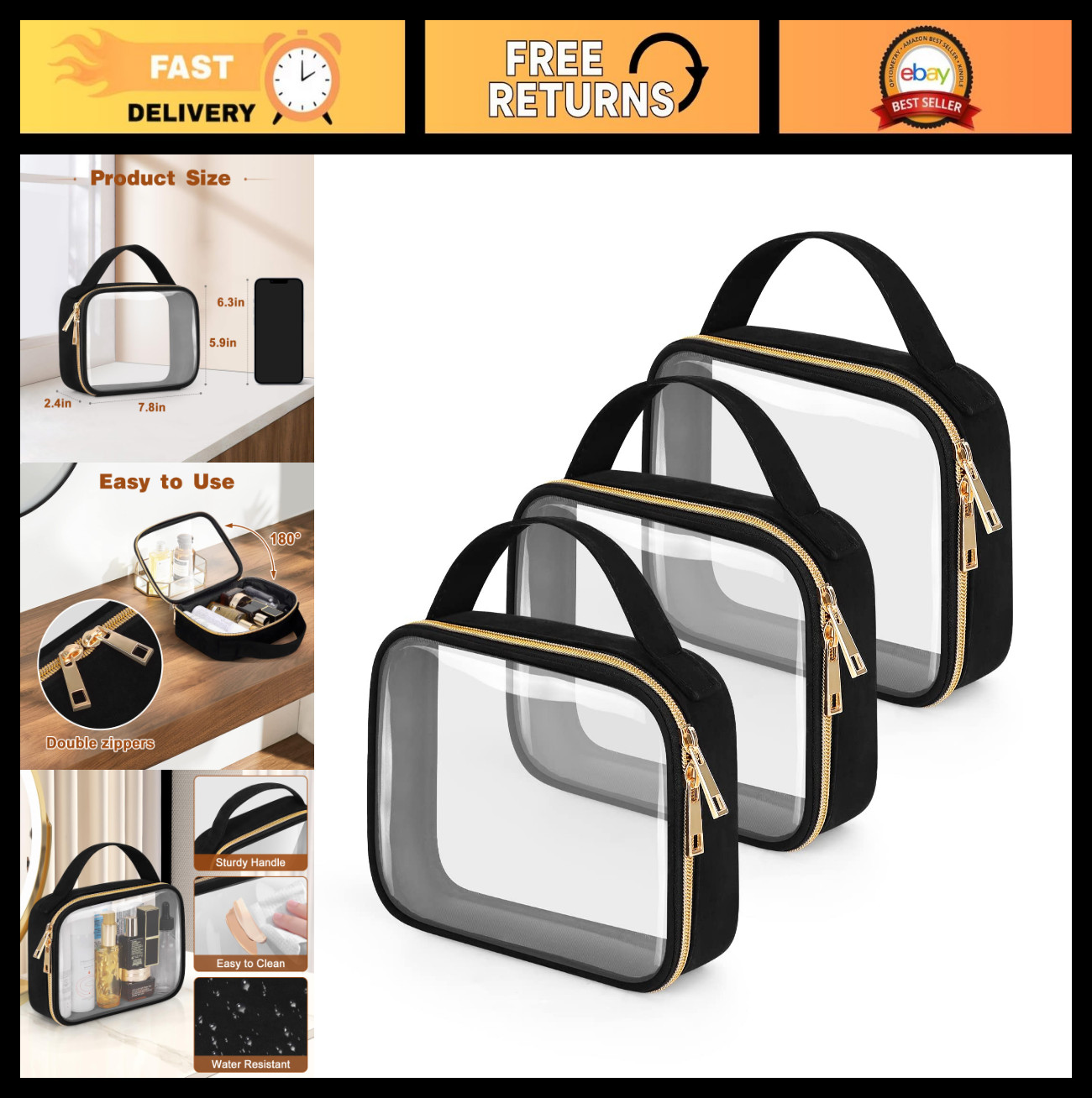 TSA Approved Clear Toiletry Bags – 3 Pack Makeup Bags with Handles, Quart Size,
