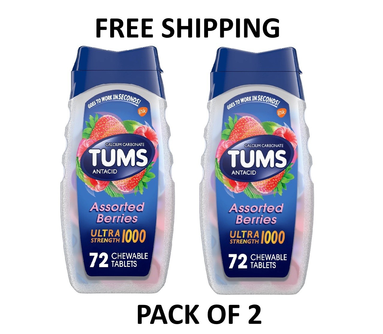 Tums Ultra Strength 1000 Assorted Berries Antacid Tablets, 72 Ct Each Pack of 2